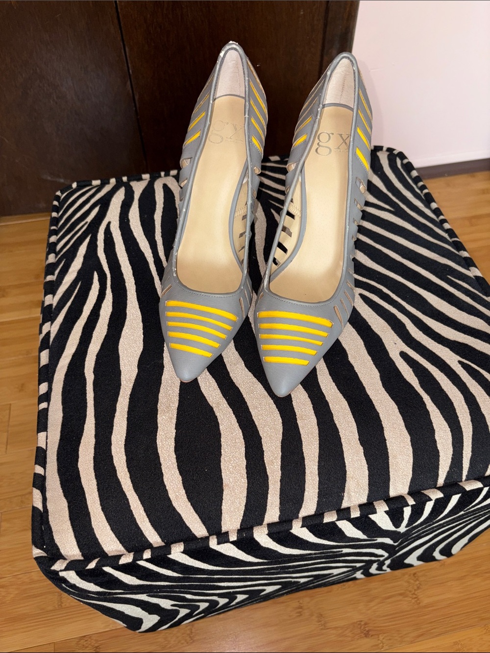 GX by Gwen Stefani Gray Pumps with Yellow Striped Accents